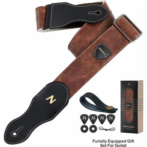 Brown Vegan Leather Guitar Strap Adjustable Soft Wide with Pick Holder - Picture 6 of 7